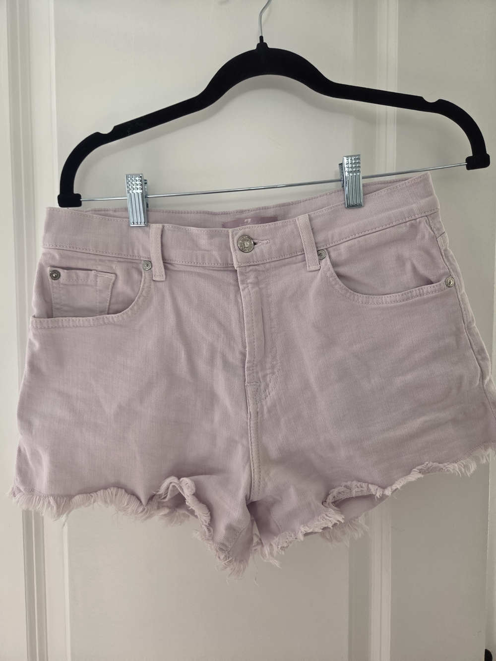 7 For All Mankind Women’s High-Rise Frayed Hem Shorts - Light Lavender Size 29